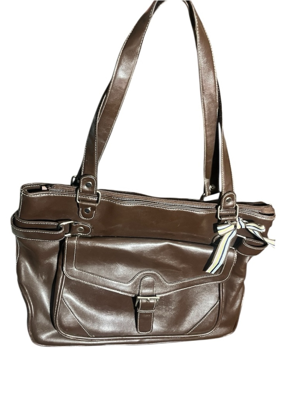Brown Laptop/computer tote shoulder bag with pink lining